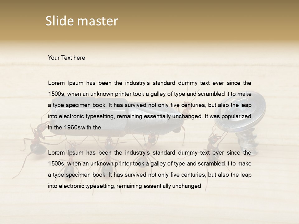 A Group Of Ants Standing On Top Of A Wooden Table PowerPoint Template