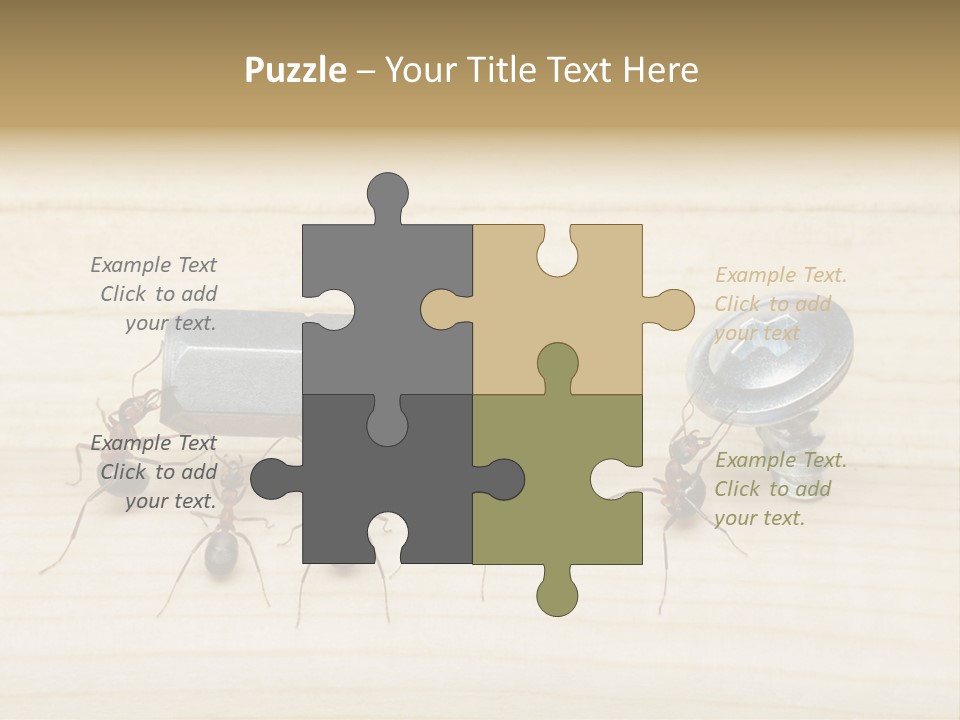 A Group Of Ants Standing On Top Of A Wooden Table PowerPoint Template