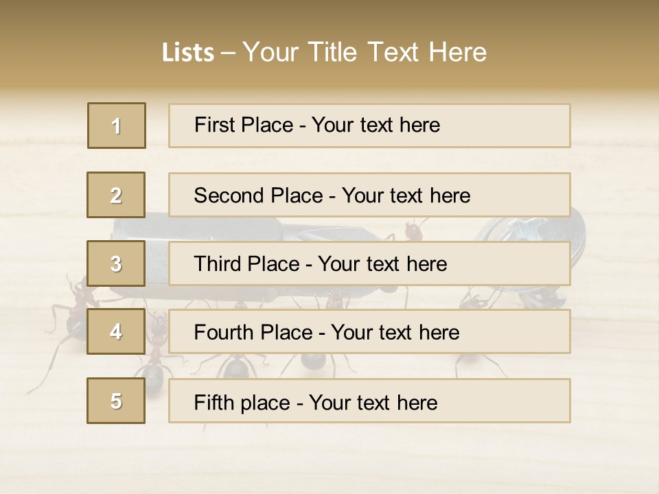 A Group Of Ants Standing On Top Of A Wooden Table PowerPoint Template