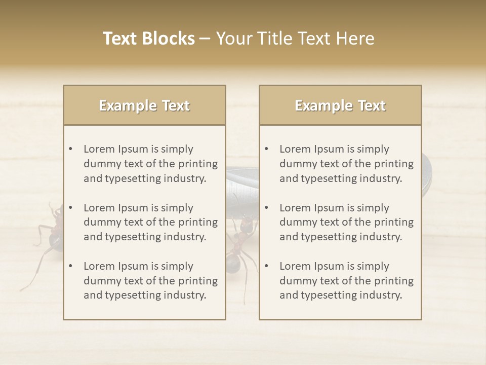 A Group Of Ants Standing On Top Of A Wooden Table PowerPoint Template