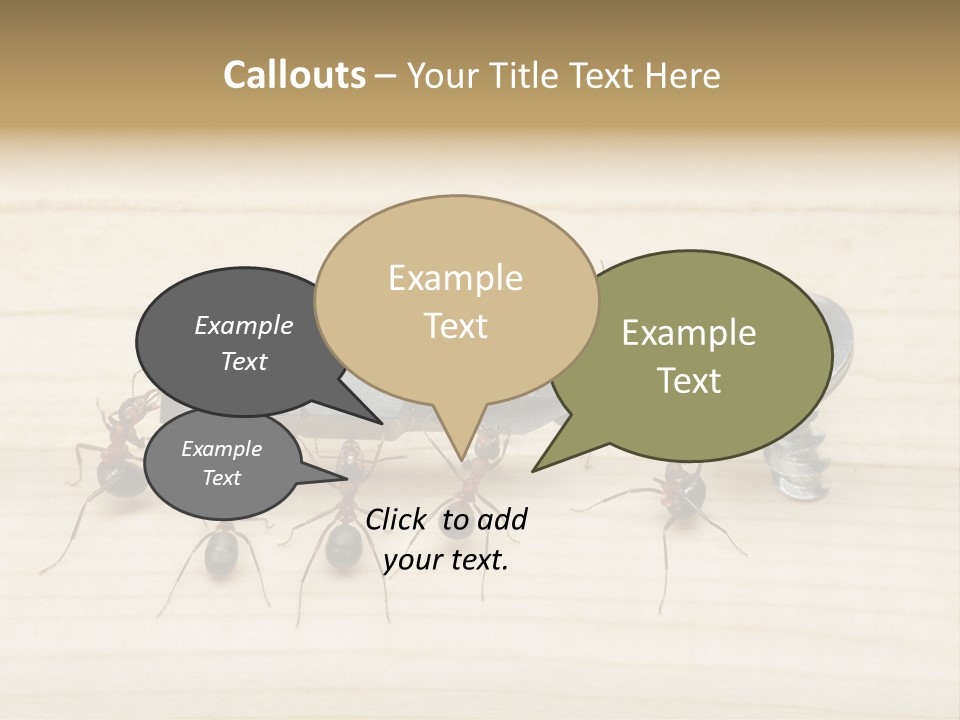 A Group Of Ants Standing On Top Of A Wooden Table PowerPoint Template