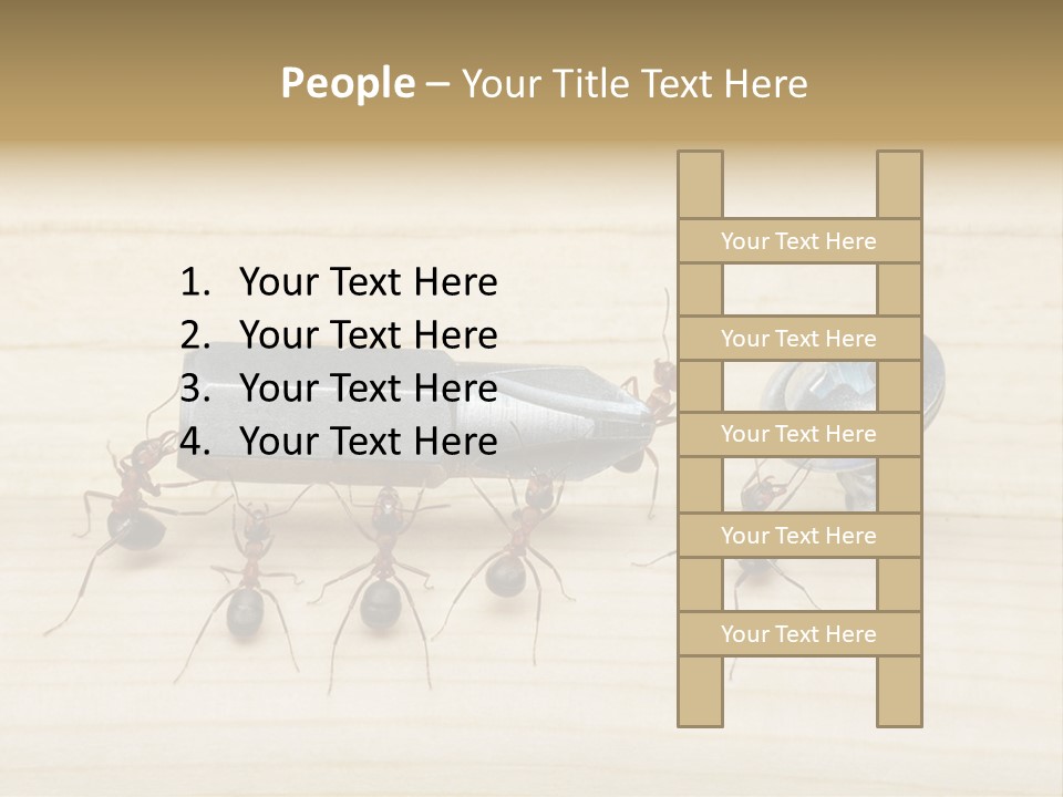 A Group Of Ants Standing On Top Of A Wooden Table PowerPoint Template