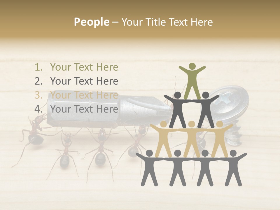 A Group Of Ants Standing On Top Of A Wooden Table PowerPoint Template
