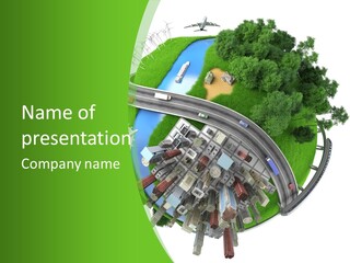 A Green And White Presentation With A City On Top Of It PowerPoint Template