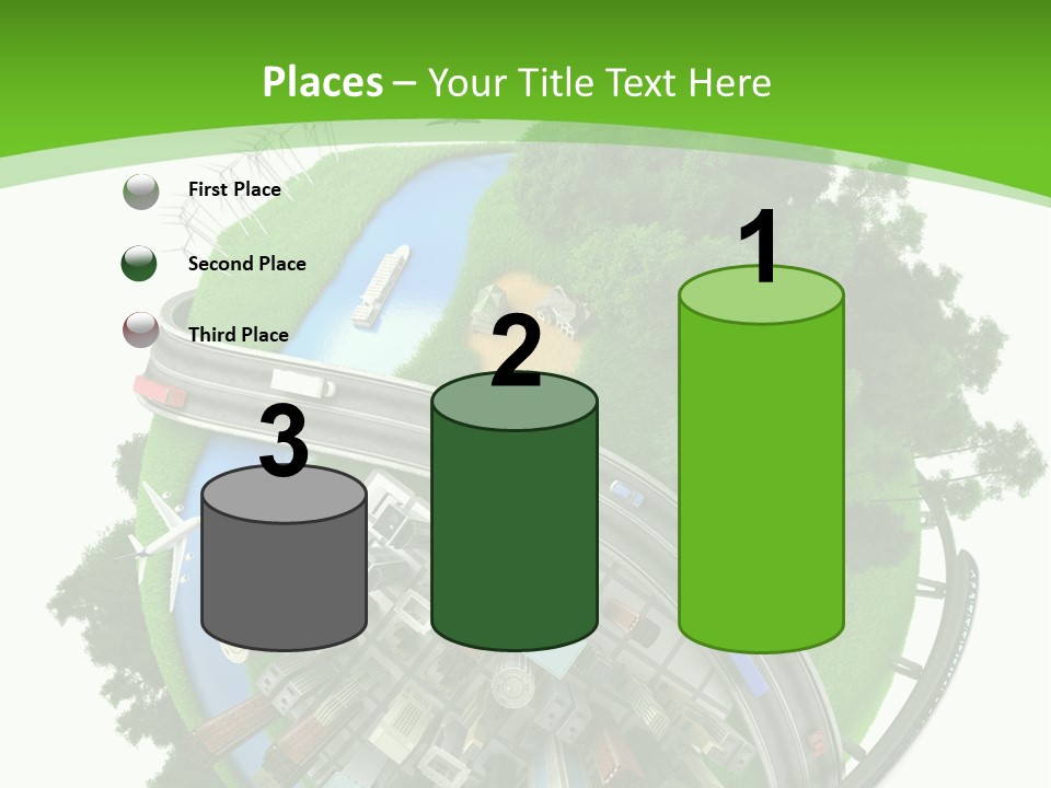 A Green And White Presentation With A City On Top Of It PowerPoint Template
