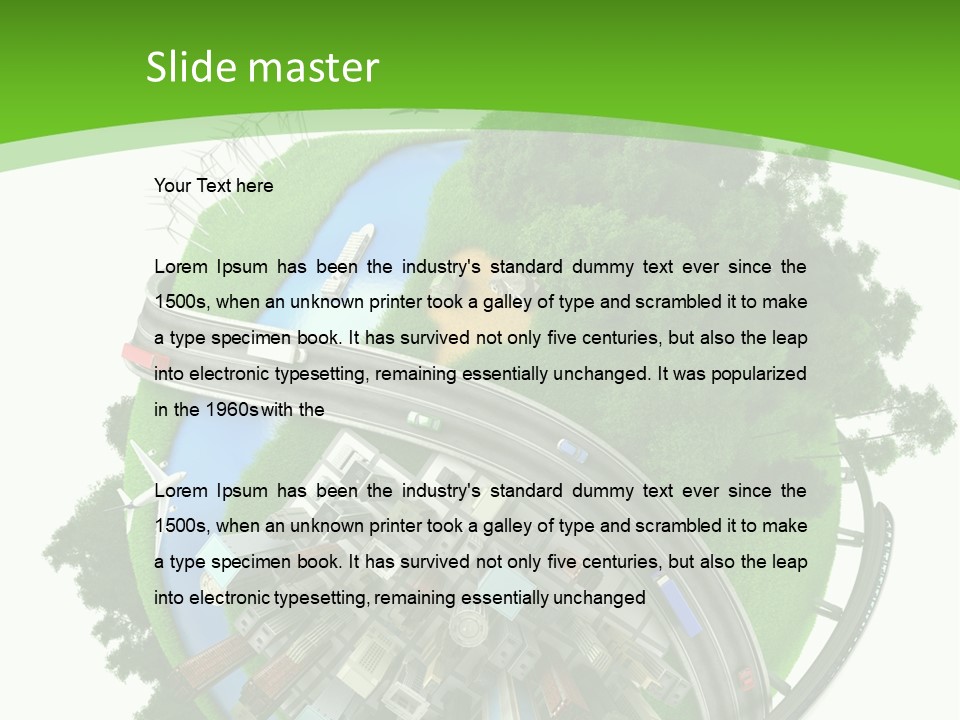 A Green And White Presentation With A City On Top Of It PowerPoint Template
