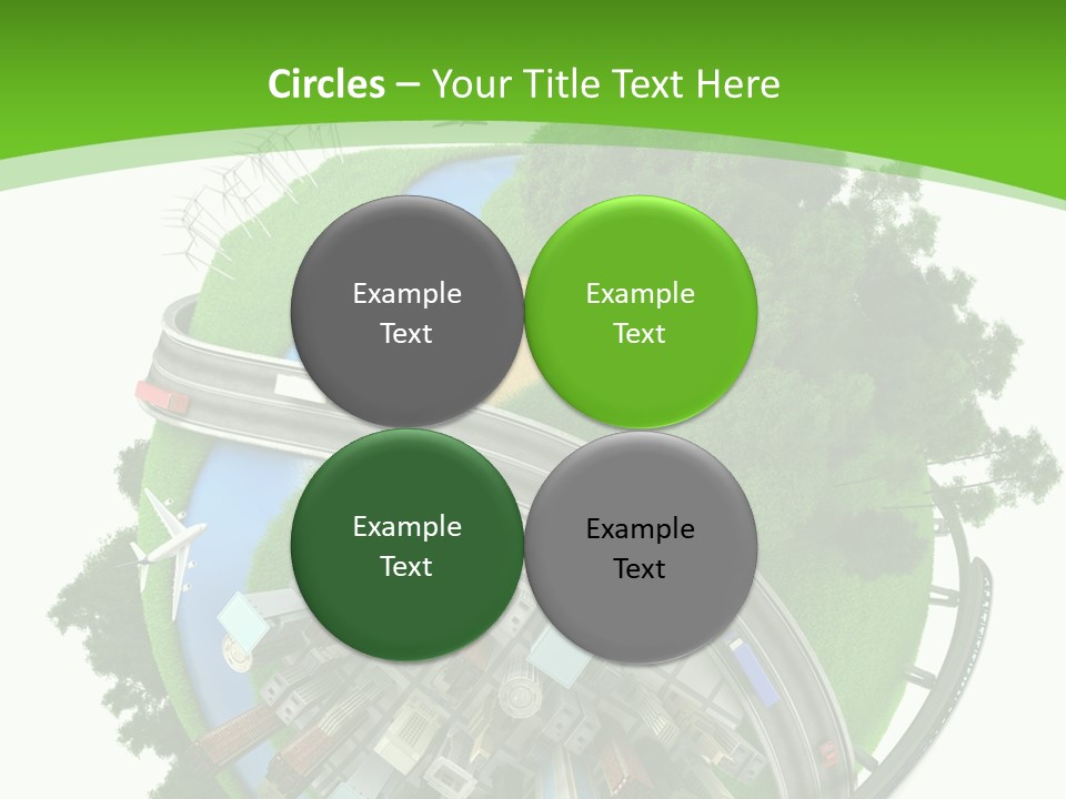 A Green And White Presentation With A City On Top Of It PowerPoint Template