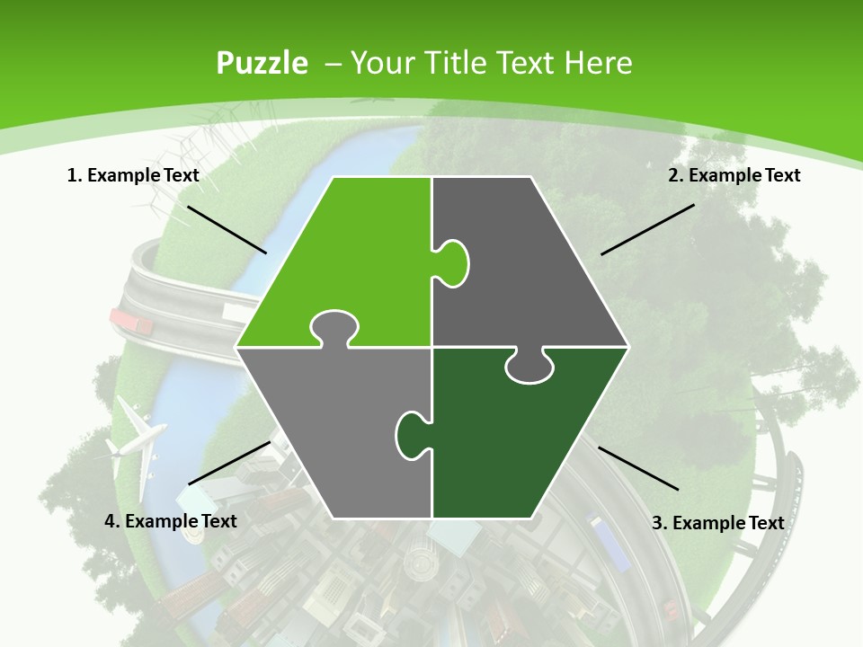 A Green And White Presentation With A City On Top Of It PowerPoint Template