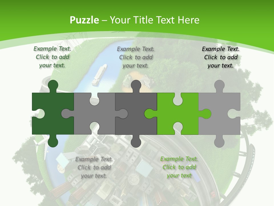 A Green And White Presentation With A City On Top Of It PowerPoint Template