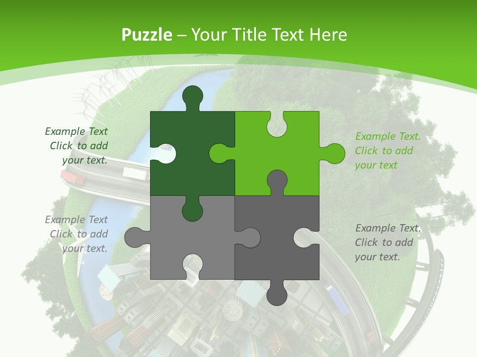 A Green And White Presentation With A City On Top Of It PowerPoint Template