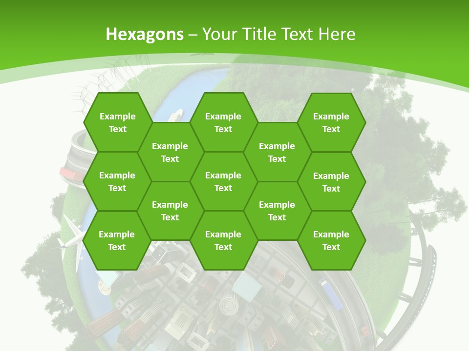 A Green And White Presentation With A City On Top Of It PowerPoint Template