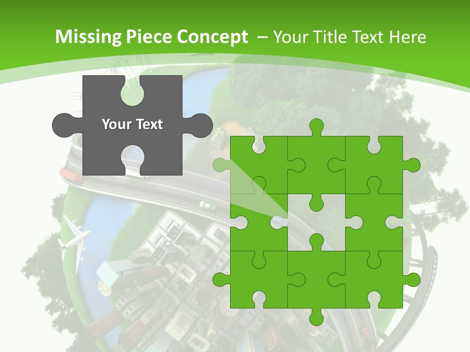 A Green And White Presentation With A City On Top Of It PowerPoint Template