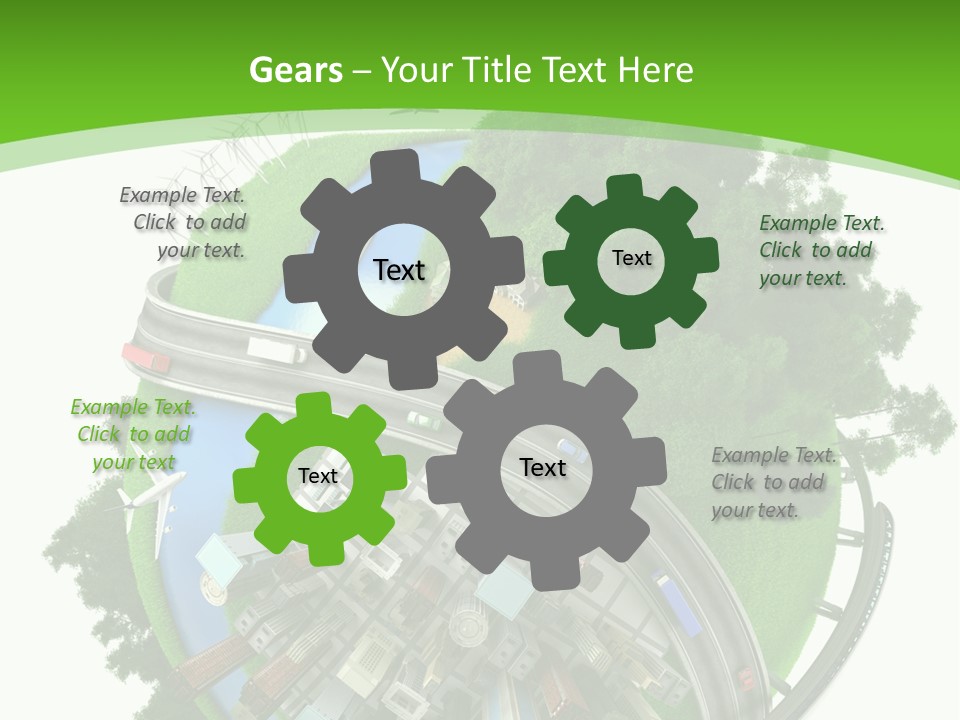 A Green And White Presentation With A City On Top Of It PowerPoint Template