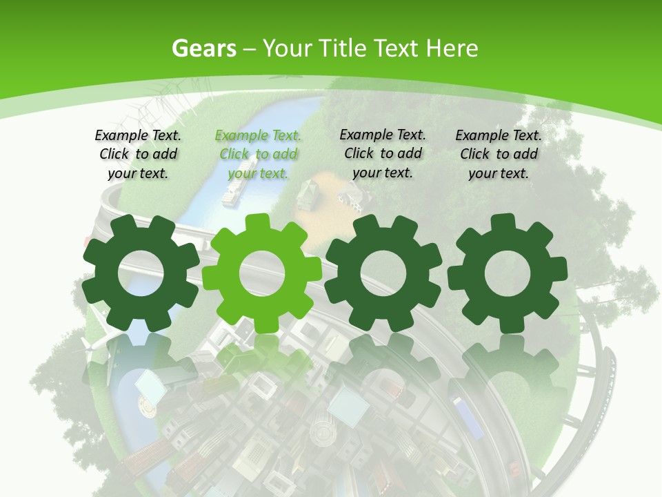 A Green And White Presentation With A City On Top Of It PowerPoint Template