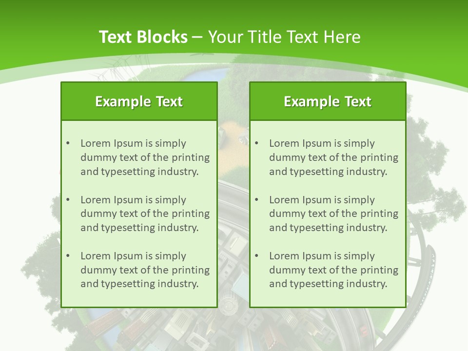 A Green And White Presentation With A City On Top Of It PowerPoint Template