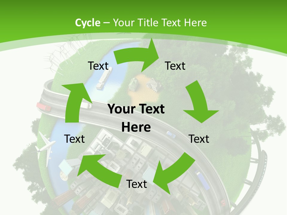 A Green And White Presentation With A City On Top Of It PowerPoint Template