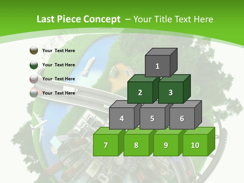 A Green And White Presentation With A City On Top Of It PowerPoint Template