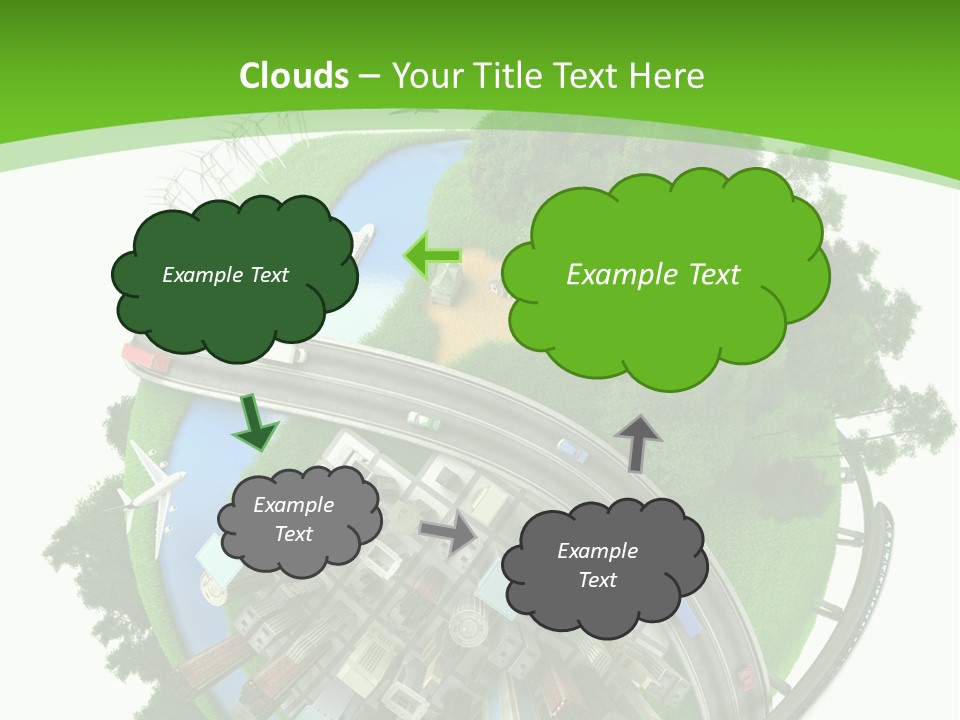 A Green And White Presentation With A City On Top Of It PowerPoint Template