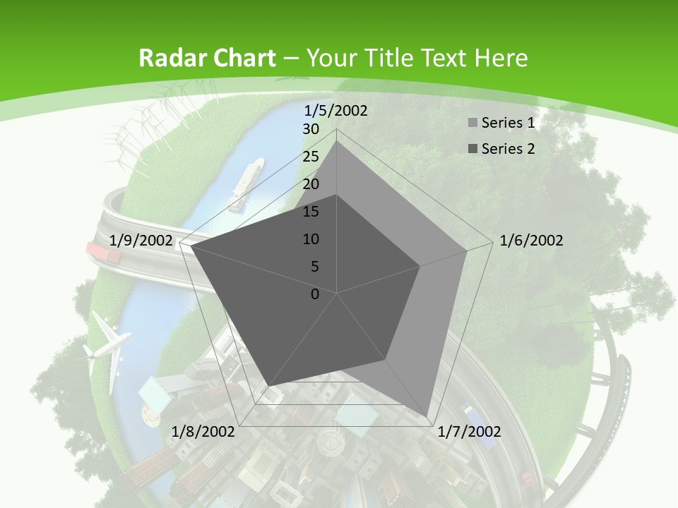 A Green And White Presentation With A City On Top Of It PowerPoint Template