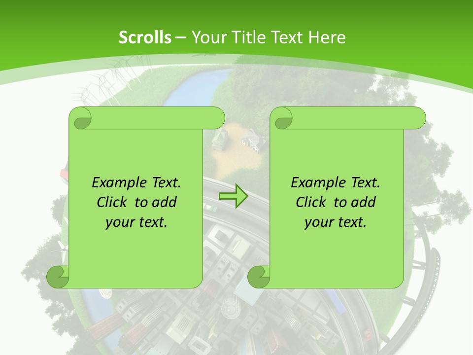A Green And White Presentation With A City On Top Of It PowerPoint Template