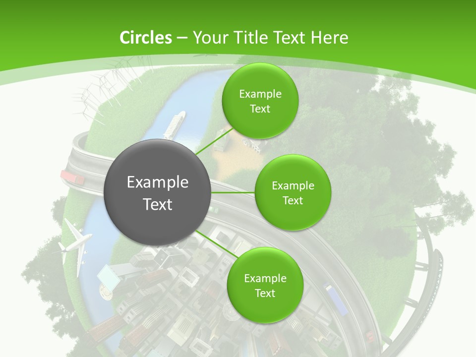 A Green And White Presentation With A City On Top Of It PowerPoint Template