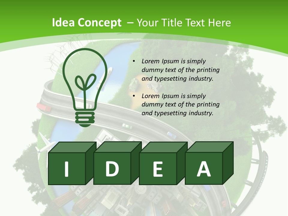 A Green And White Presentation With A City On Top Of It PowerPoint Template