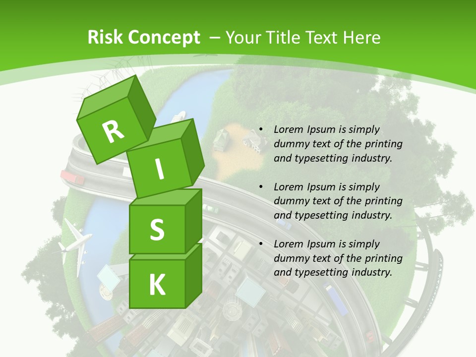 A Green And White Presentation With A City On Top Of It PowerPoint Template