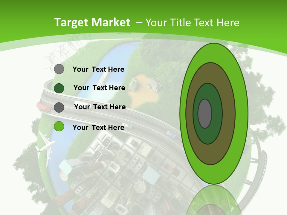 A Green And White Presentation With A City On Top Of It PowerPoint Template