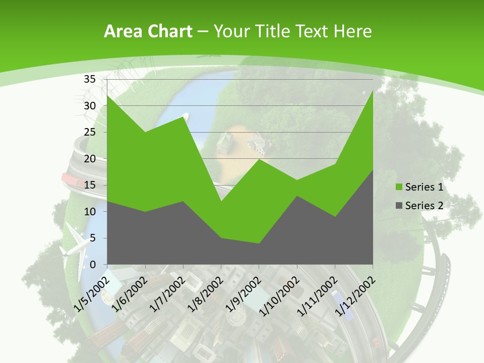 A Green And White Presentation With A City On Top Of It PowerPoint Template