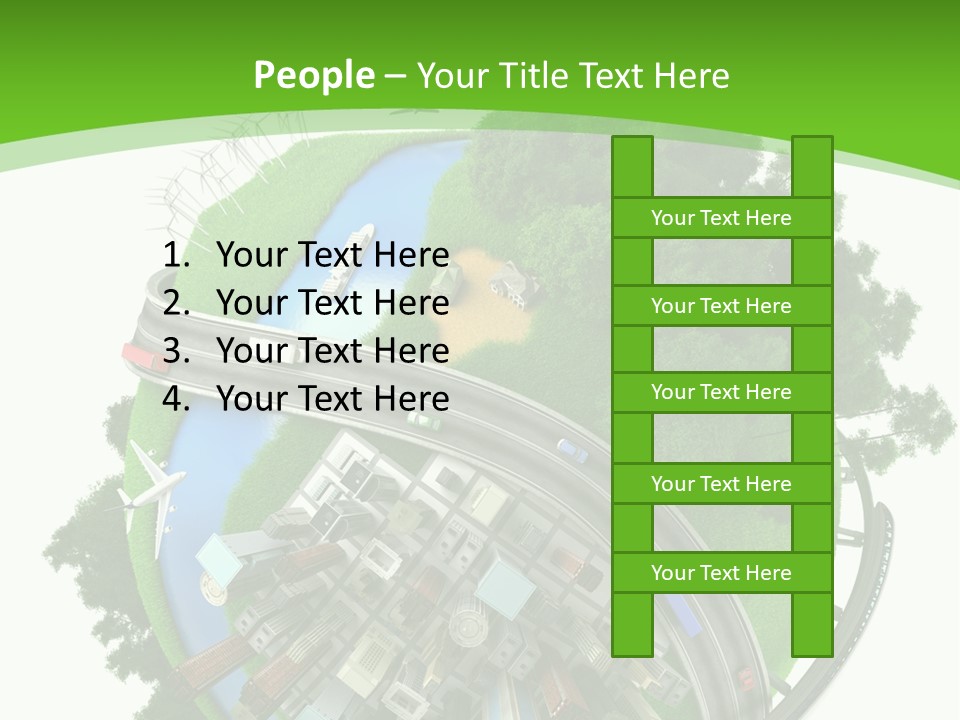 A Green And White Presentation With A City On Top Of It PowerPoint Template