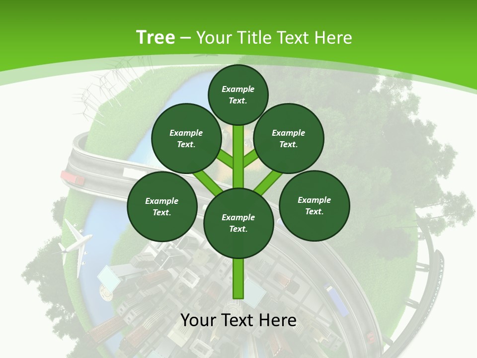 A Green And White Presentation With A City On Top Of It PowerPoint Template