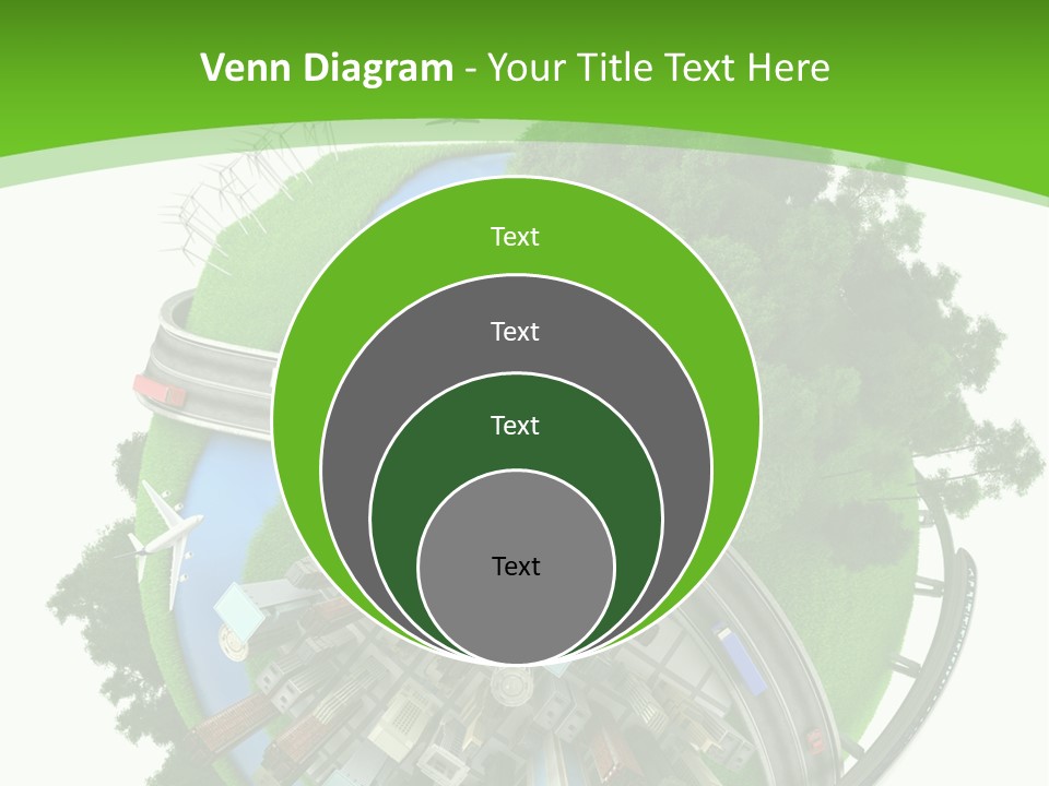A Green And White Presentation With A City On Top Of It PowerPoint Template