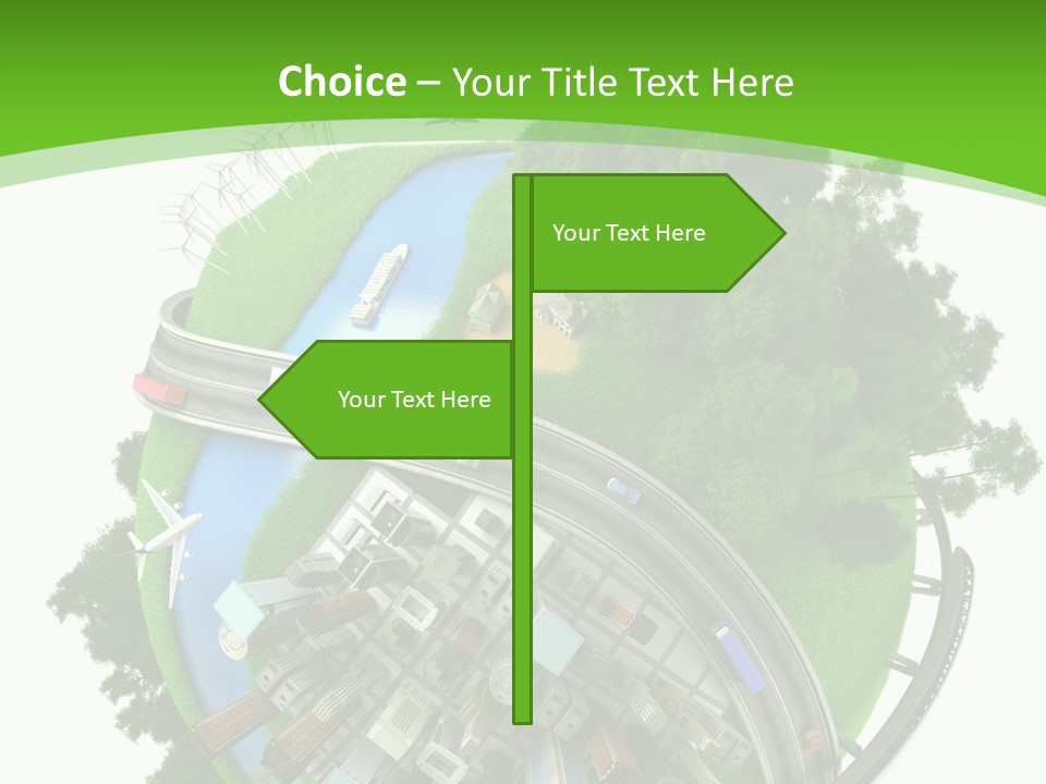 A Green And White Presentation With A City On Top Of It PowerPoint Template