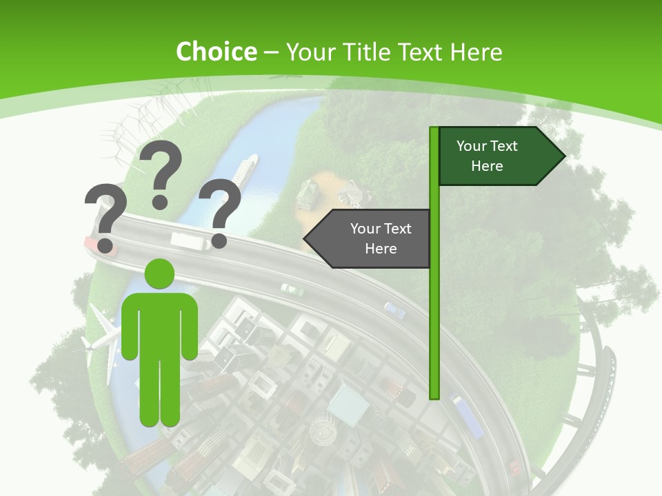 A Green And White Presentation With A City On Top Of It PowerPoint Template