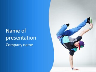 A Man Doing A Handstand On A Blue And White Background PowerPoint Template