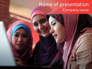 Three Women In Hijabs Look At A Laptop Screen PowerPoint Template