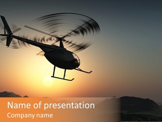 A Helicopter Flying Over A Mountain At Sunset PowerPoint Template