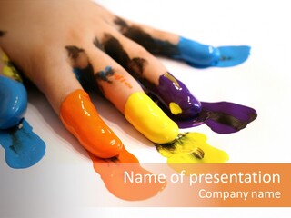 A Child's Hand With Colorful Paint On It PowerPoint Template