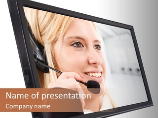 Woman Employee Earphone PowerPoint Template