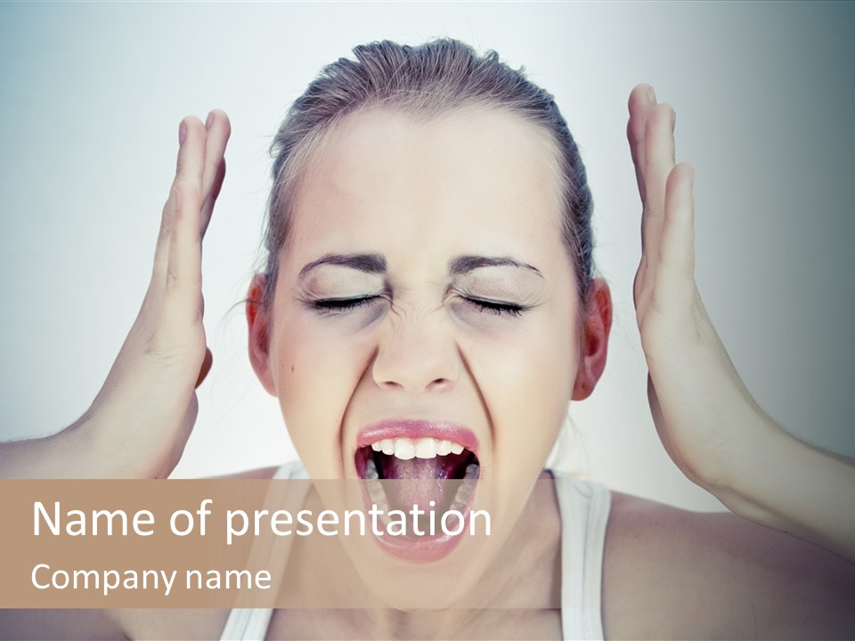 A Woman With Her Hands On Her Head With Her Mouth Open PowerPoint Template