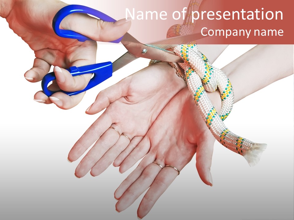 A Group Of Hands Holding A Blue Pair Of Scissors PowerPoint Template