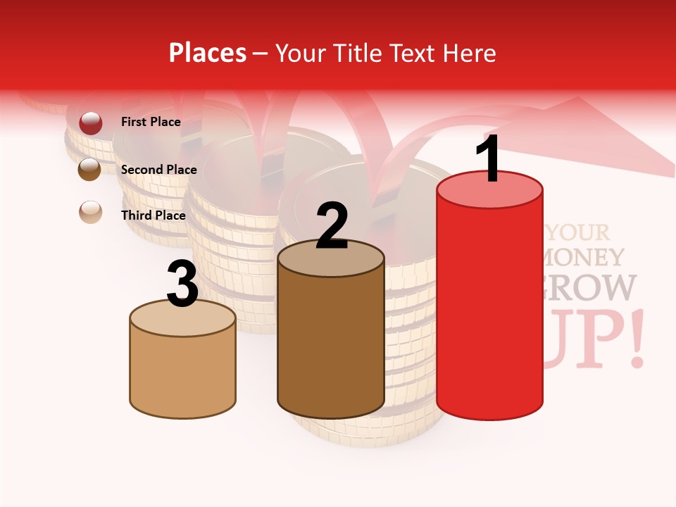 A Row Of Stacks Of Coins With A Red Arrow Pointing Up PowerPoint Template