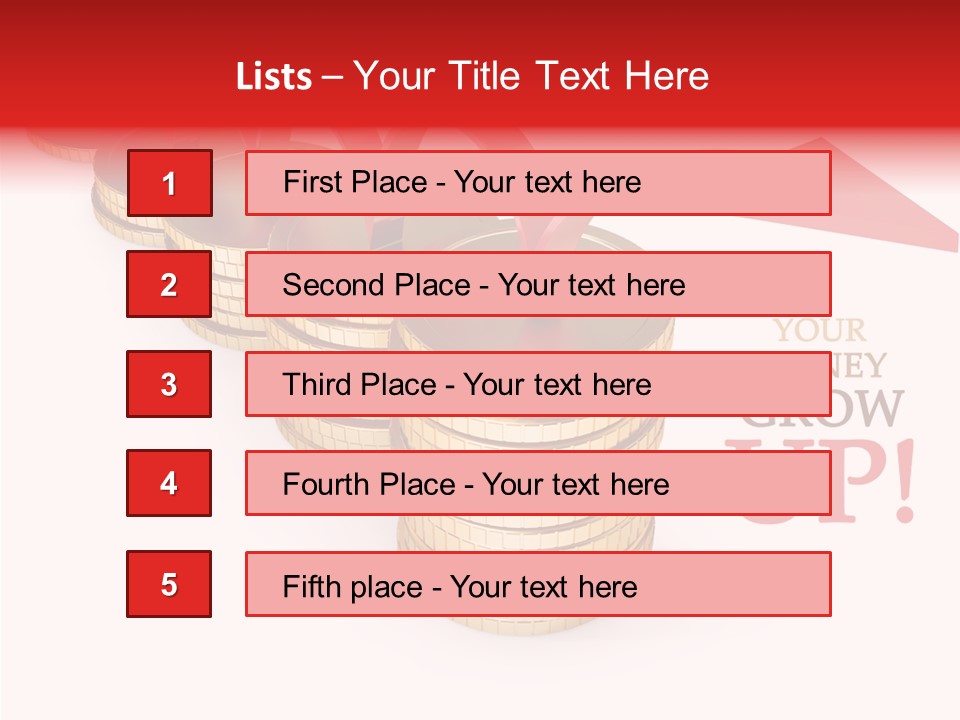 A Row Of Stacks Of Coins With A Red Arrow Pointing Up PowerPoint Template