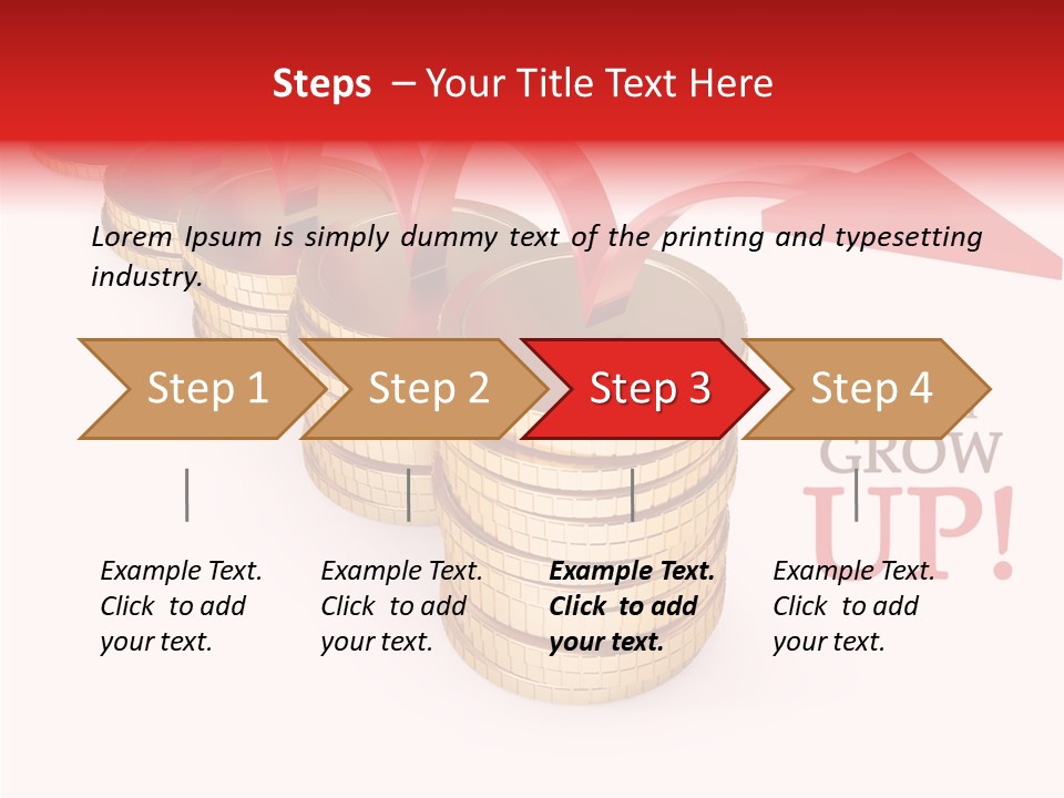 A Row Of Stacks Of Coins With A Red Arrow Pointing Up PowerPoint Template
