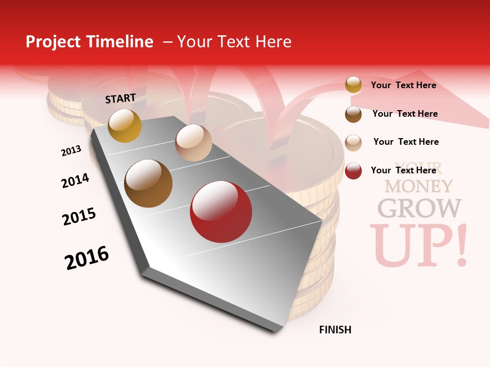 A Row Of Stacks Of Coins With A Red Arrow Pointing Up PowerPoint Template
