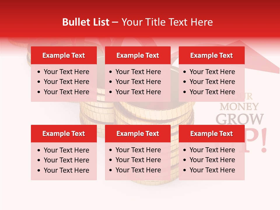 A Row Of Stacks Of Coins With A Red Arrow Pointing Up PowerPoint Template