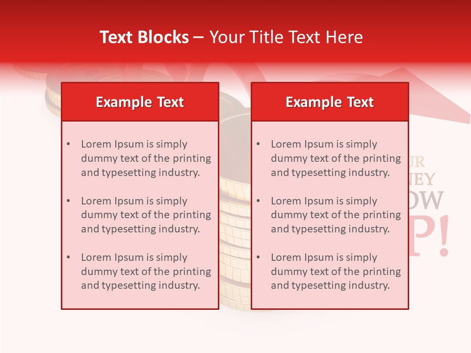 A Row Of Stacks Of Coins With A Red Arrow Pointing Up PowerPoint Template