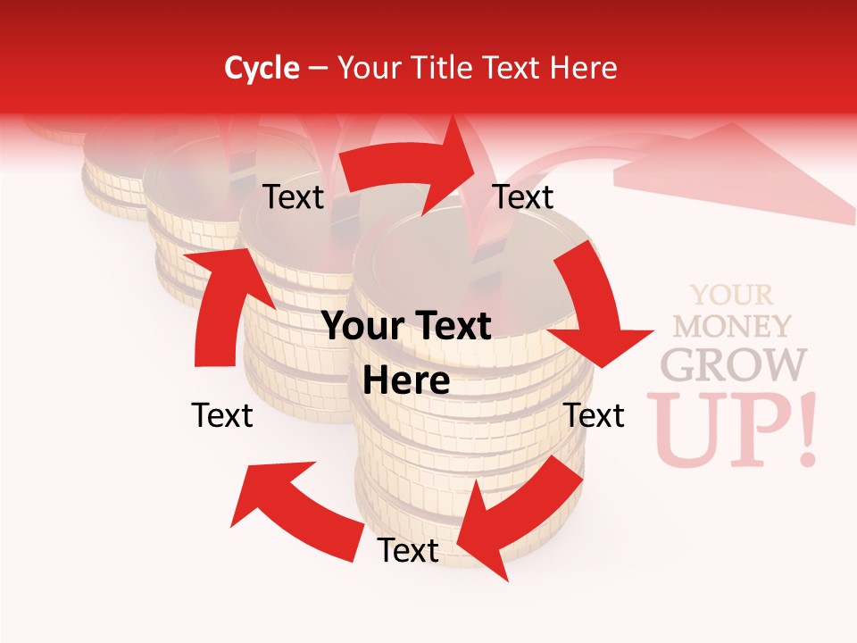 A Row Of Stacks Of Coins With A Red Arrow Pointing Up PowerPoint Template