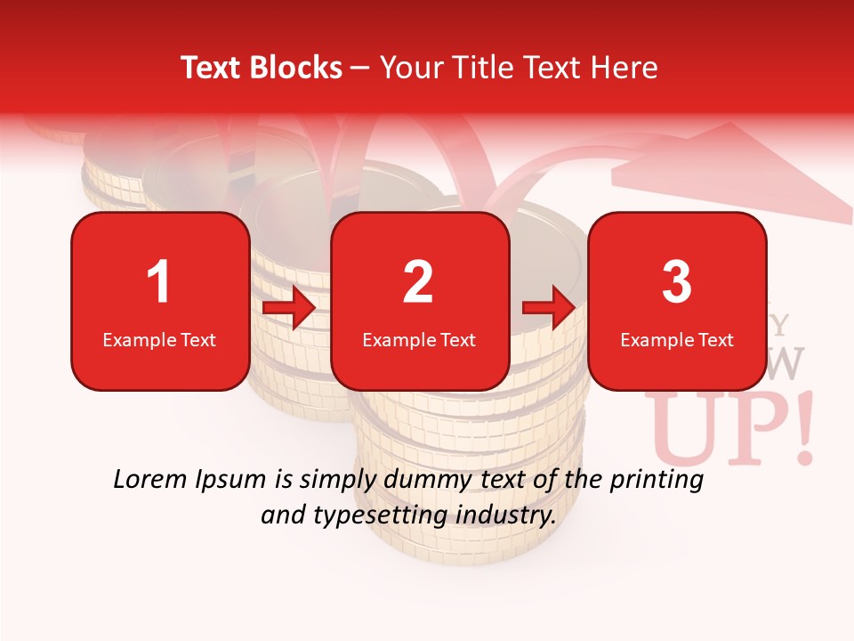 A Row Of Stacks Of Coins With A Red Arrow Pointing Up PowerPoint Template