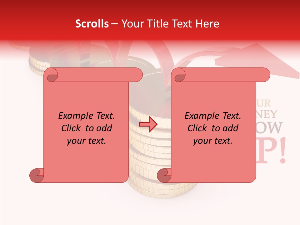 A Row Of Stacks Of Coins With A Red Arrow Pointing Up PowerPoint Template
